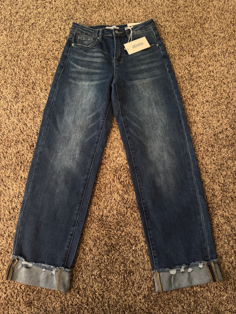 Zenana wide cuff raw hem straight leg jeans